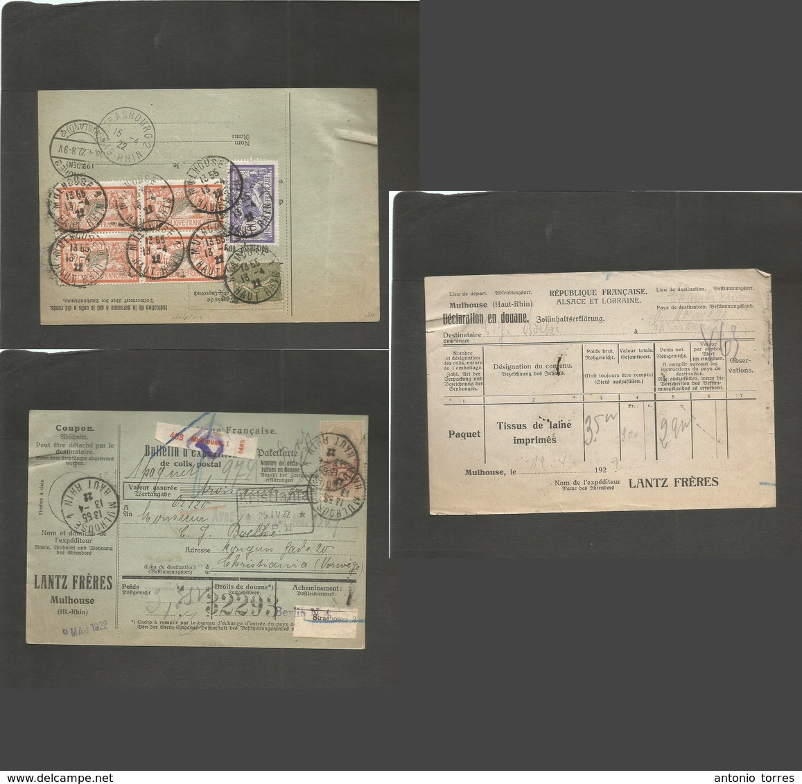 France - Xx. 1922 (13 April) Mullhouse Rhin - Norway, Kristiania (25 Jan) Multifkd Package Delivery Receipt At 8,75 Fr R - Autres & Non Classés