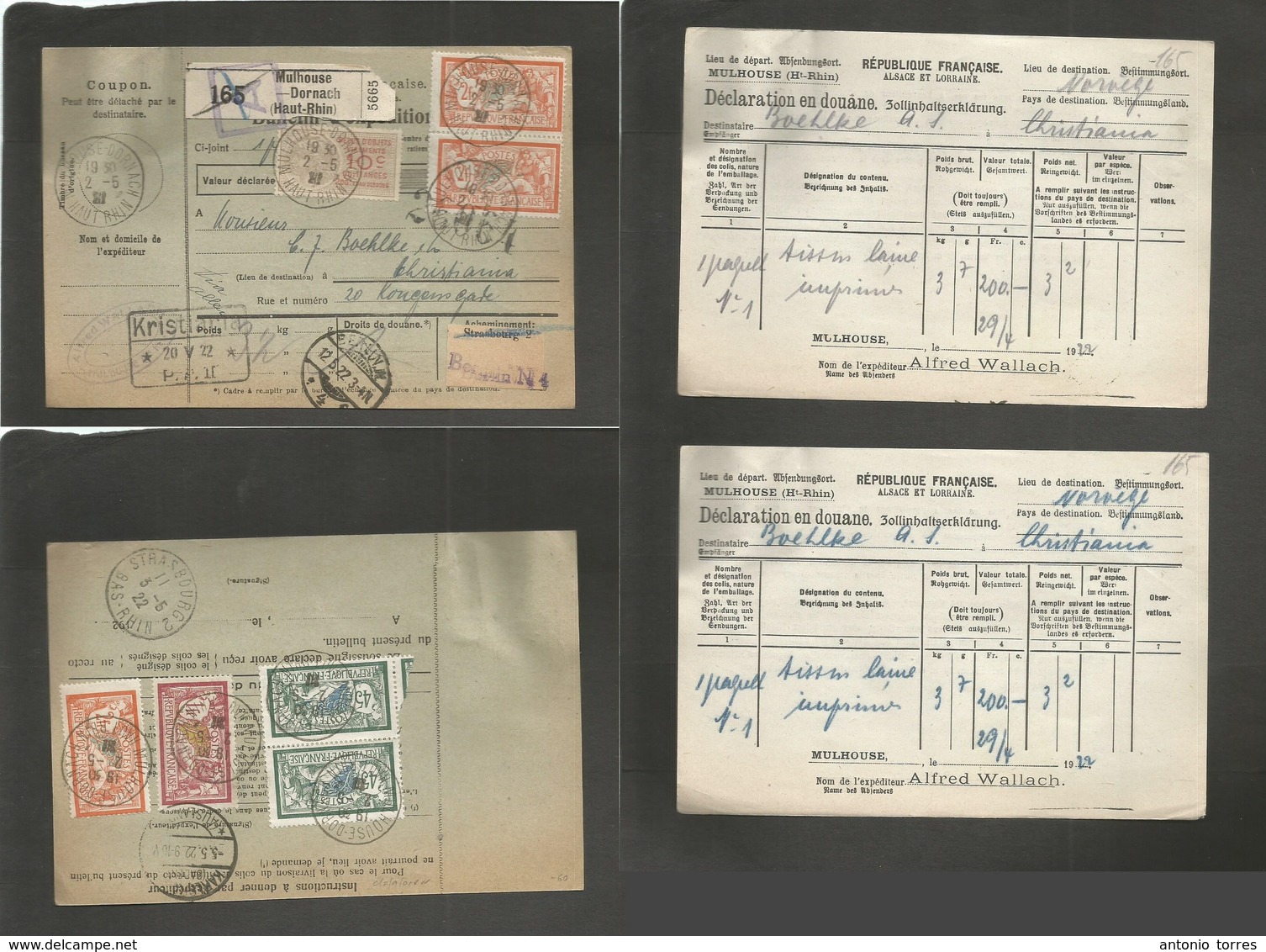 France - Xx. 1922 (2 May) Mullhouse, Dorn, Rhin - Norway, Christiania (20 May) Registered Package Receipt Multifkd Front - Autres & Non Classés