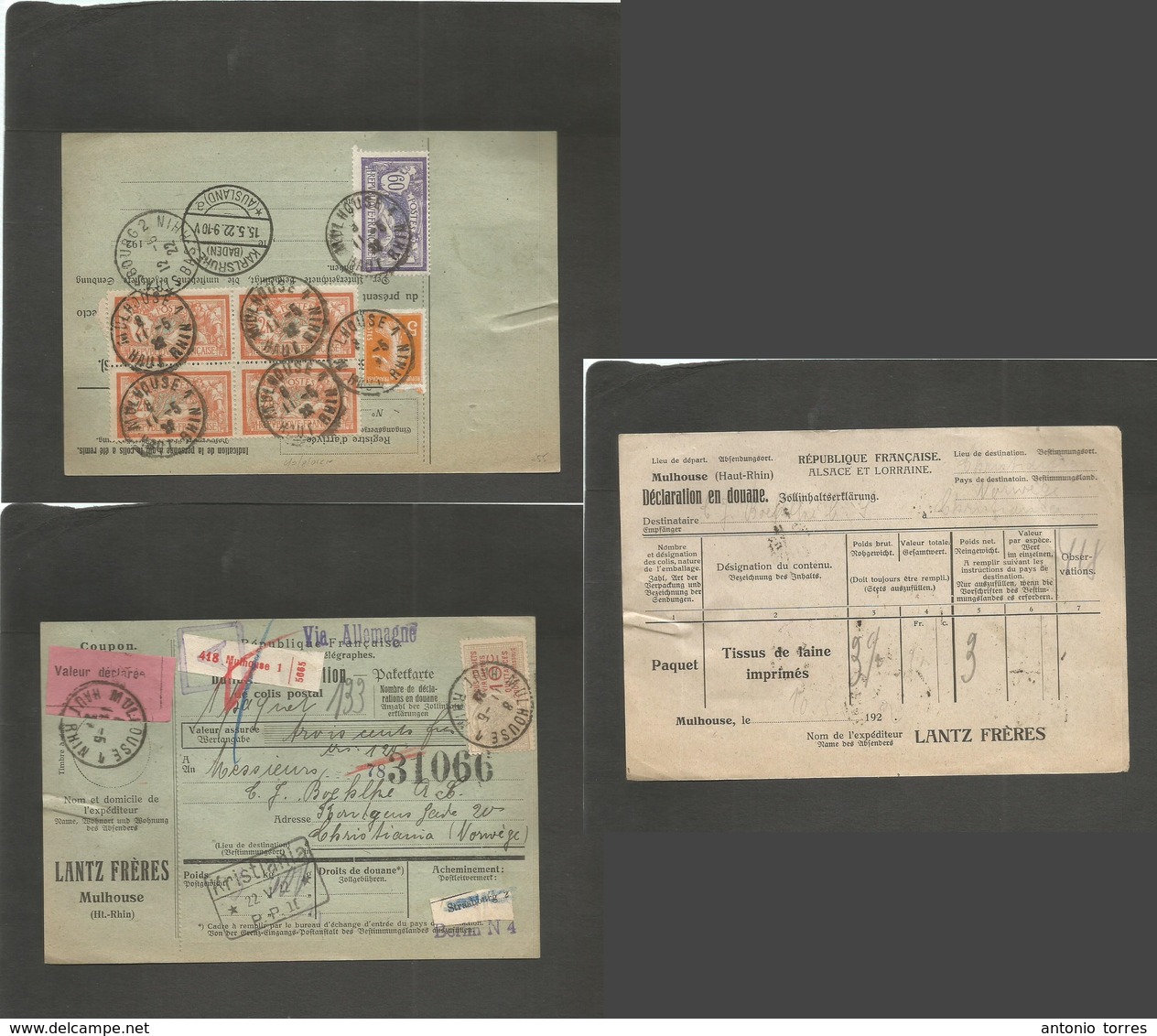 France - Xx. 1922 (11 May) Mulhouse, Rhin - Norway, Kristiania (22 May) Registered Multifkd Package Card Incl Block Of F - Altri & Non Classificati