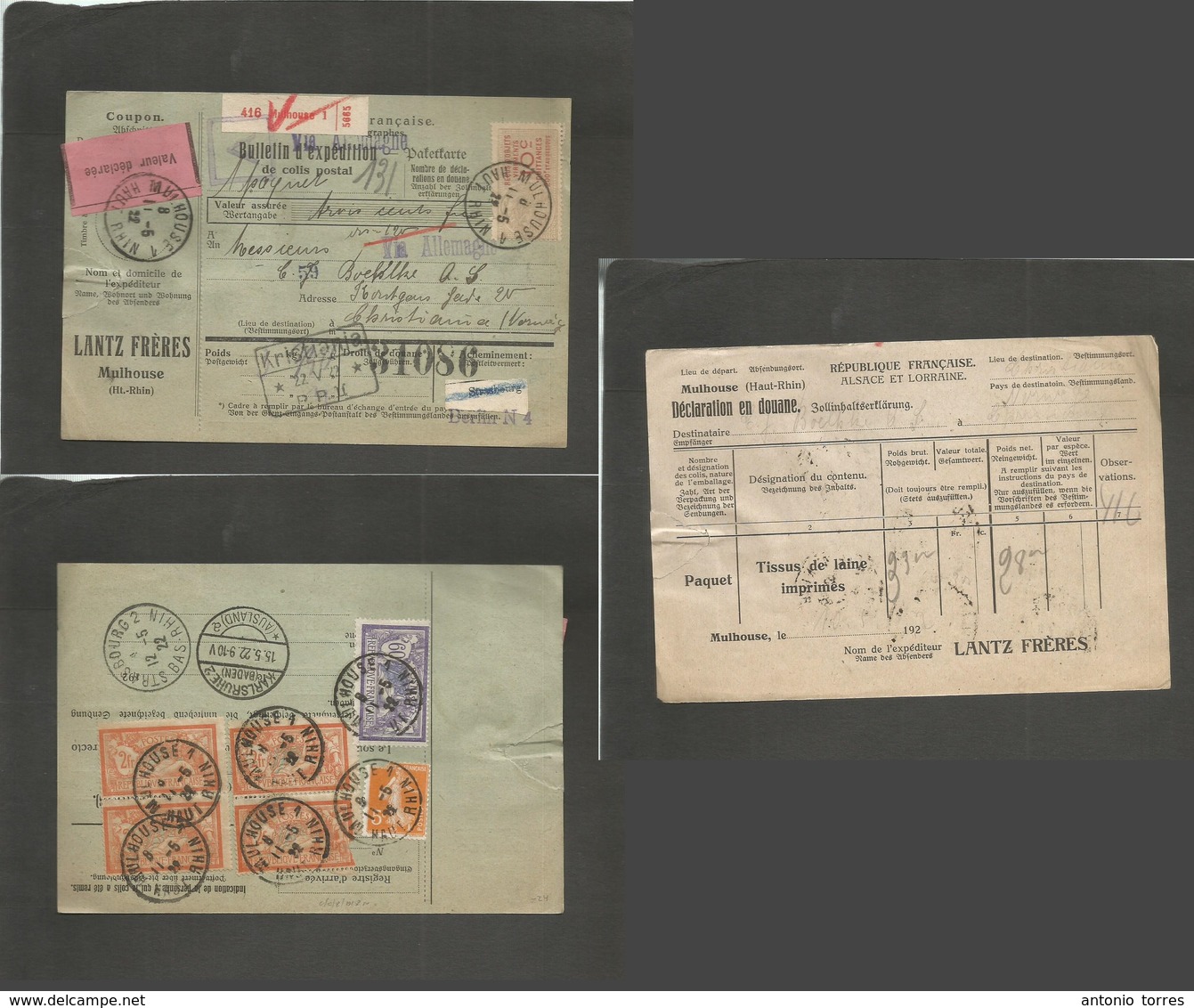 France - Xx. 1922 (11 May) Mulhouse, Haut Rhin - Norway, Kristiania (22 May) Registered Multifkd Package Receipt At 8,65 - Autres & Non Classés