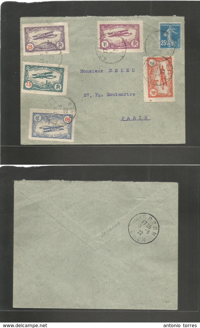 France - Xx. 1922 (5 June) Bourges - Paris (5 June) Comm Air Labels (5 Diff) + Semense, Tied On Envelope Usage. Fine. - Autres & Non Classés