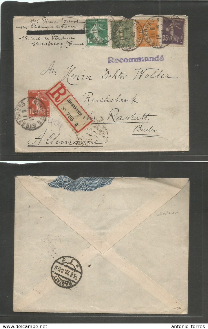 France - Xx. 1922 (13 June) Strassbourg - Germany, Baden, Rastatt (13 June) Registered Multifkd Env. Semeuse Issue (x5 D - Autres & Non Classés