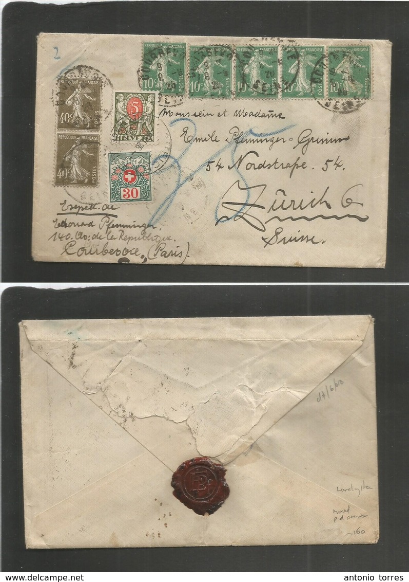 France - Xx. 1926 (8 June) Couberoie - Switzerland, Zurich (9 June) Semeuse Issue Incl 40c Pair Multiple Prizing Cds + T - Autres & Non Classés