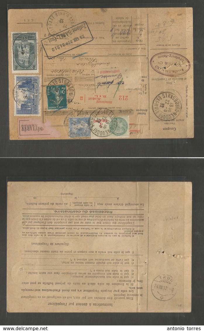 France - Xx. 1932 (22 Aug) Strasbourg - Switzerland, Thien (24 Aug) Registered Declared Value Multifkd Package Card Incl - Autres & Non Classés