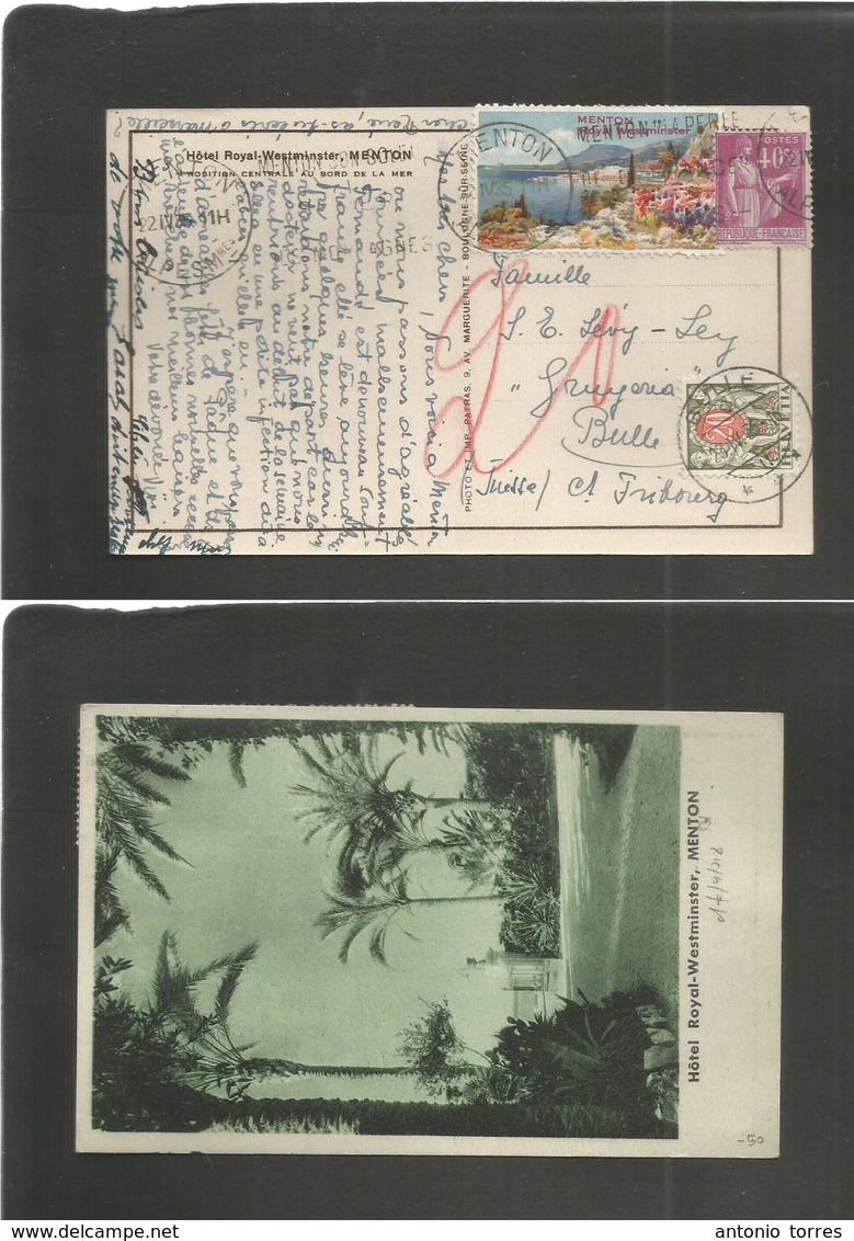 France - Xx. 1935 (22 April) Menton - Switzerland, Balle (23 April) Fkd Ppc + Color Tourist Label, Tied Slogan Cachet +  - Other & Unclassified