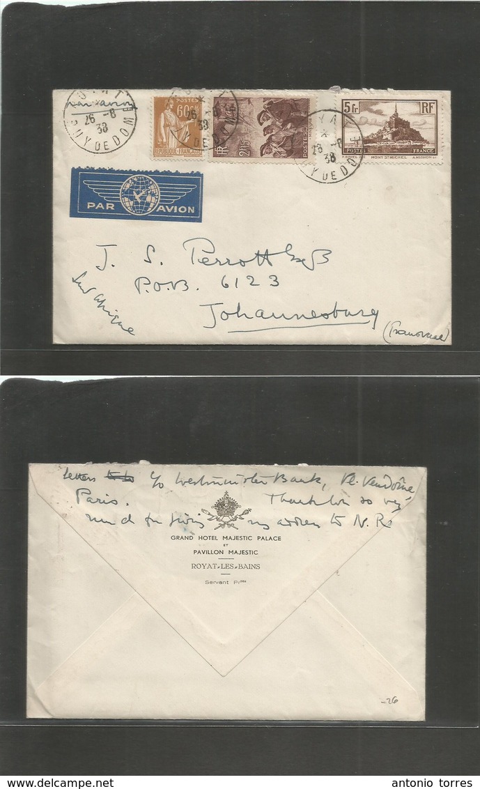 France - Xx. 1938 (26 Aug) Poyat, Pui De Dom - South Africa, Johannesburg. Air Multifkd Env. Fine. Includes Peace And Co - Autres & Non Classés