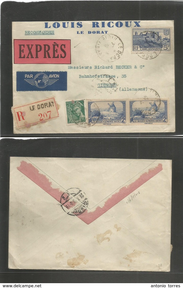 France - Xx. 1939 (27 March) Le Dorat - Germany, Giessen (28 March) Registered Express Mail Service Multifkd Envelope +  - Autres & Non Classés