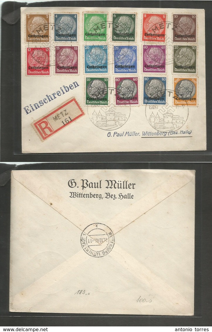 France. 1940 (15 Oct) Nazi Occupation. Metz / Lothringen. Ovptd Complete Issue On Registered Fkd Envelope Usage With Ill - Autres & Non Classés