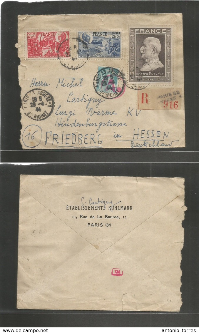 France - Xx. 1944 (29 April) Paris 53 - Germany, Friedberg. Registered Multifkd Comm Petain Stamps + Censored. Fine Scar - Autres & Non Classés