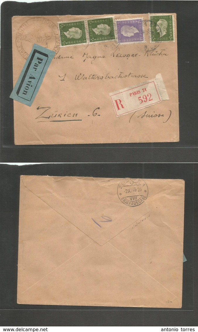 France - Xx. 1945 (Oct) Paris - Switzerland, Zurich (2 Nov) Registered Air Multifkd Mariana Issue Envelope + Institute O - Autres & Non Classés