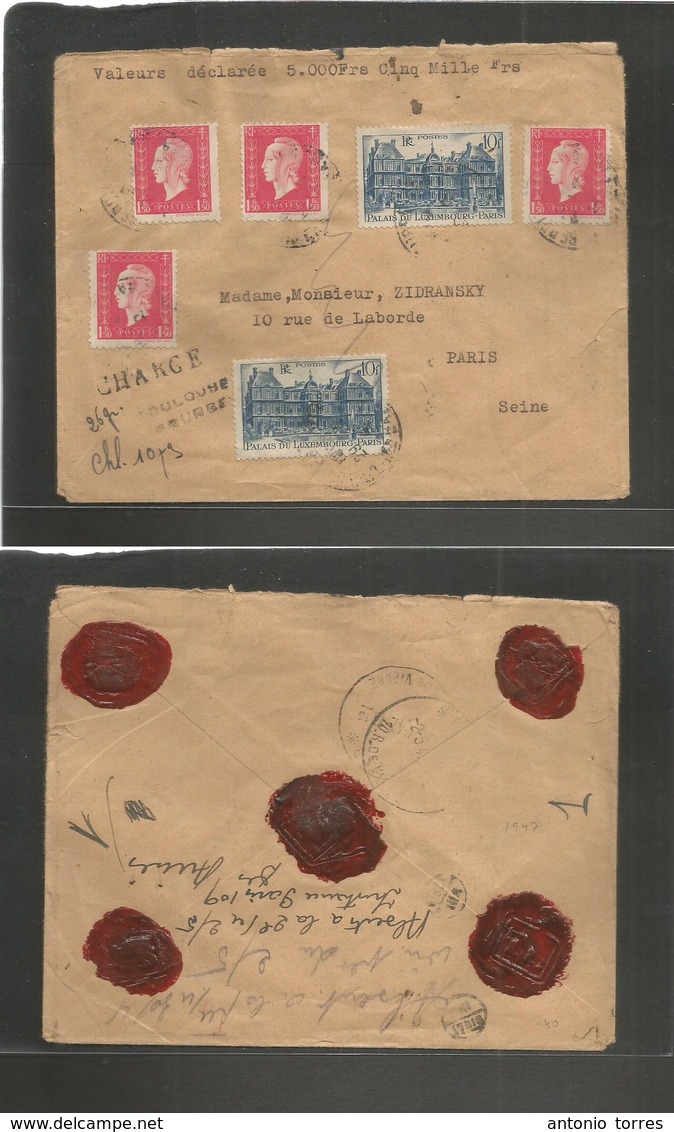 France - Xx. 1947 (29 April) Toulouse, P. Bourse - Paris (2 May) Registered Insured Multifkd Envelope. Fine. - Autres & Non Classés