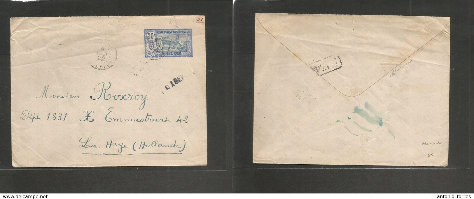 Frc - India. 1922 (2 Aug) Pondichery - Netherlands, La Haye. 50c Blue / Grey Stationary Envelope. Scarce Usage. Arrival  - Autres & Non Classés