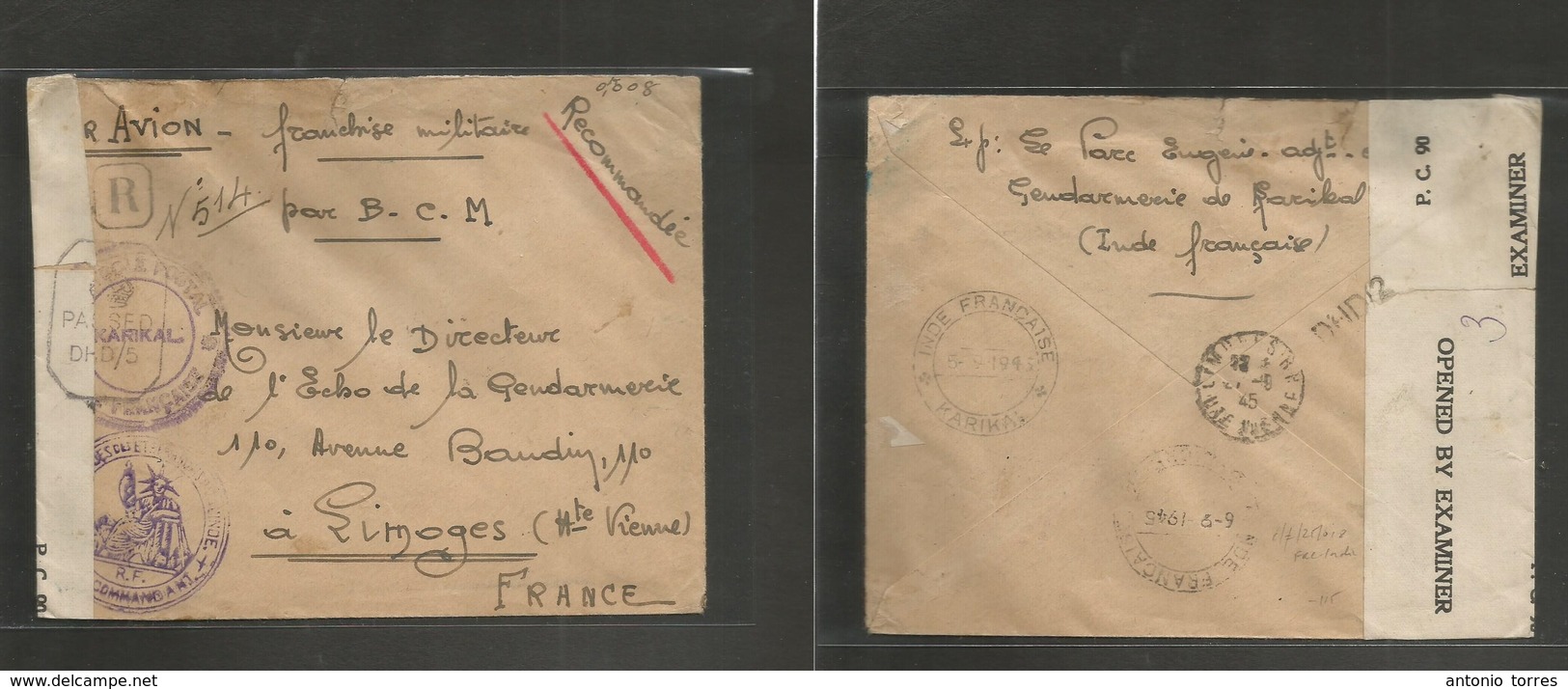 Frc - India. 1945 (6 Sept) Karikal - France, Limoges (27 Sept) FM French India. Registered Mail + Censored + Cachets + B - Autres & Non Classés