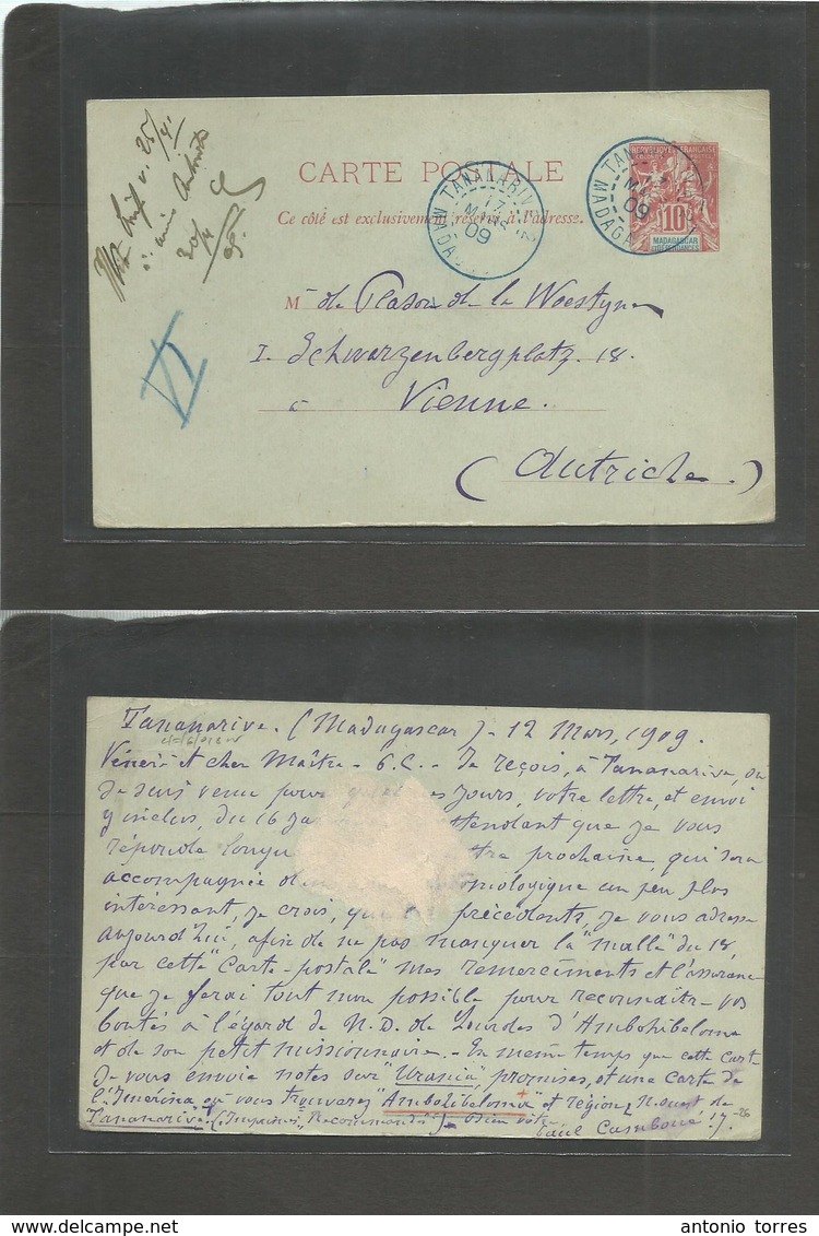 Frc - Madagascar. 1909 (12-17 March) Tananarive - Austria, Wien. 10c Red Blue Stat Card. Fine Used. - Sonstige & Ohne Zuordnung