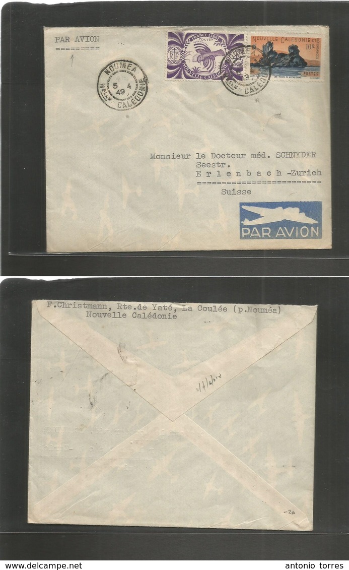 Frc - New Caledonia. 1949 (5 April) Nonmea - Switzerland, Erlebach. Air Multifkd Envelope, Tied Cds. - Autres & Non Classés