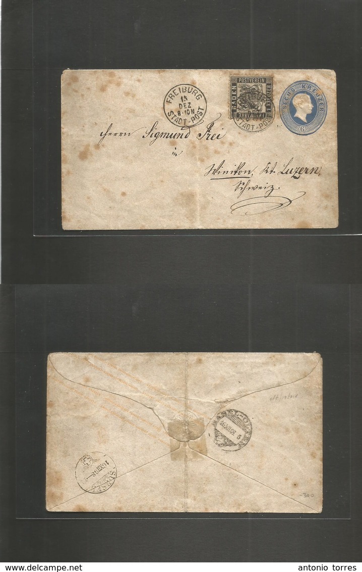 German States-Baden. 1868 (15 Dec) Freiburg - Switzerland, Sursel (16 Dec) 6 Kreuzer Blue Stationary Envelope + 1 Kreuze - Sonstige & Ohne Zuordnung