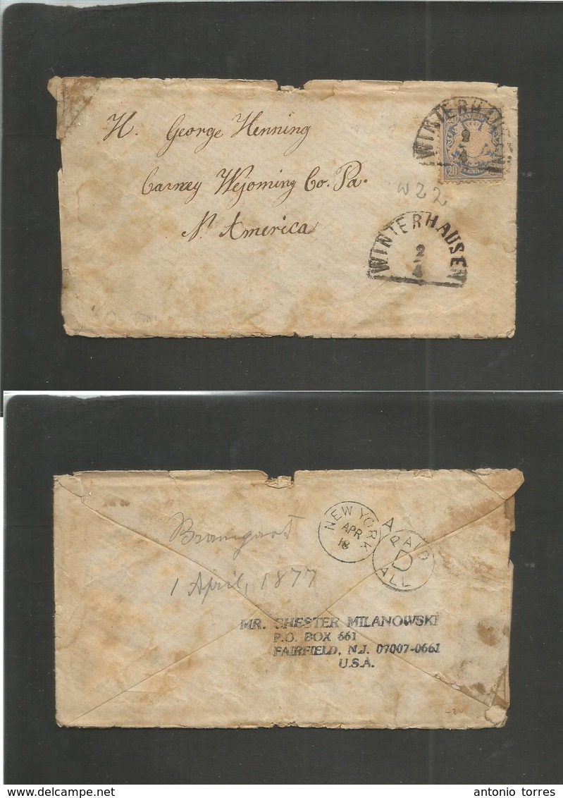 German States - Bayern. 1877 (2 April) Winterhausen - USA, Carney, Wyoming Cº, Pa. Fkd Well Travelled Envelope With Cont - Autres & Non Classés