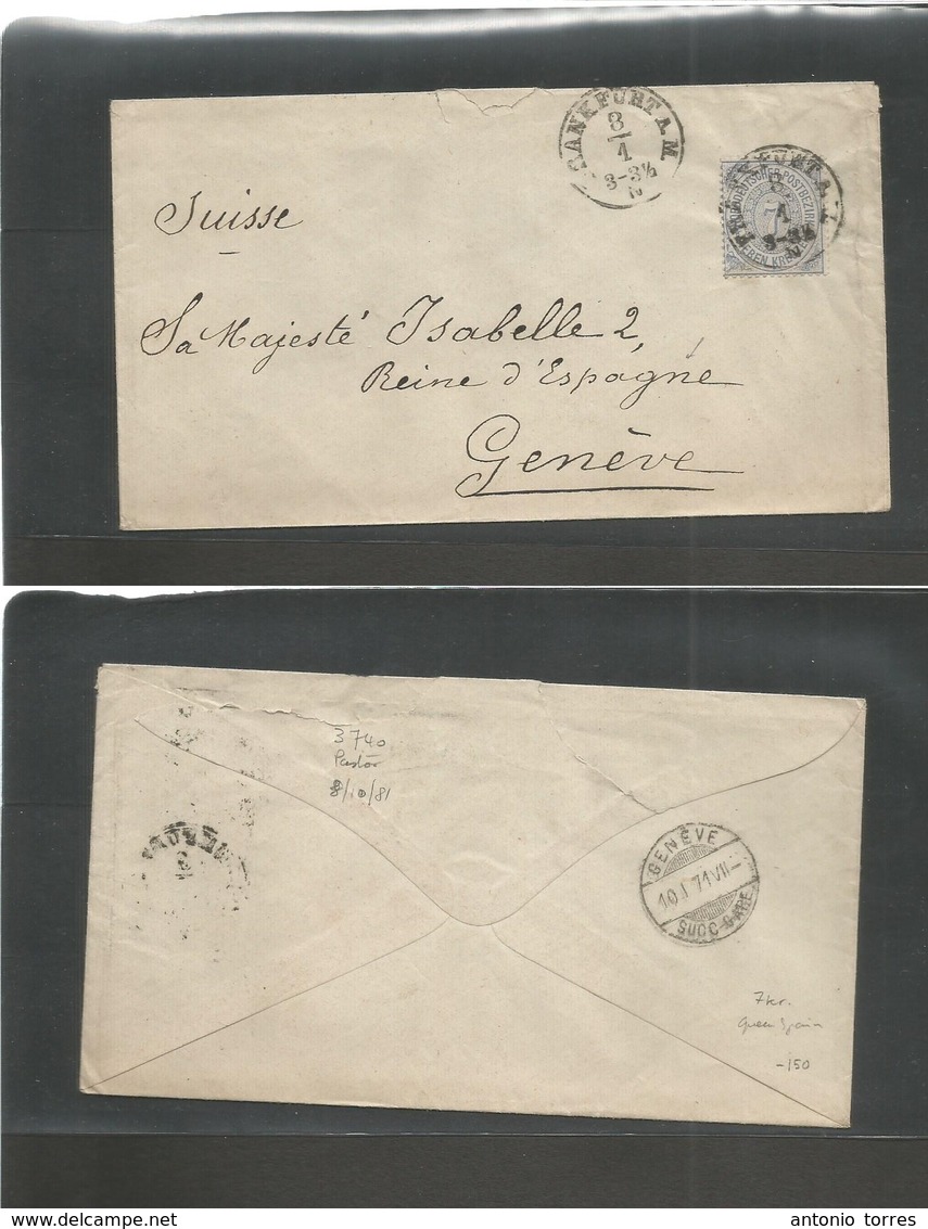 German States-N.G.Conf.. 1871 (8 Jan) Spanish Queen Isabel II In Exile. Frankfurt - Switzerland, Geneve (10 Jan) Envelop - Autres & Non Classés