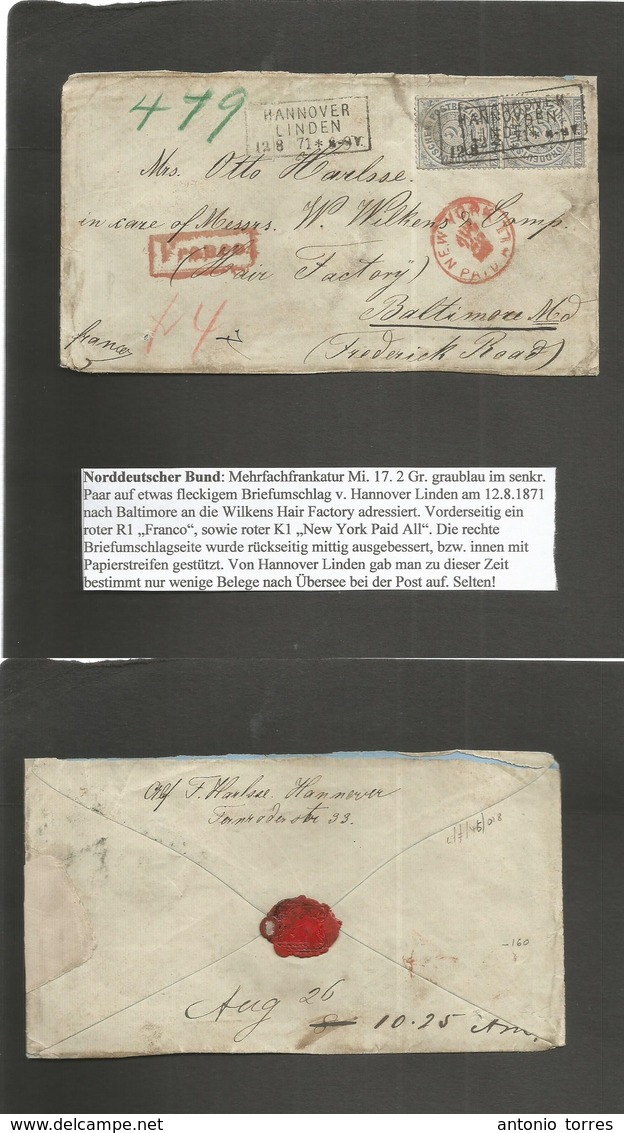 German States-N.G.Conf.. 1871 (12 Aug) Hannover Linden - USA, Baltimore, Md. Fkd Env 2 Gr Blue Pair, Tied Box Town Dated - Sonstige & Ohne Zuordnung