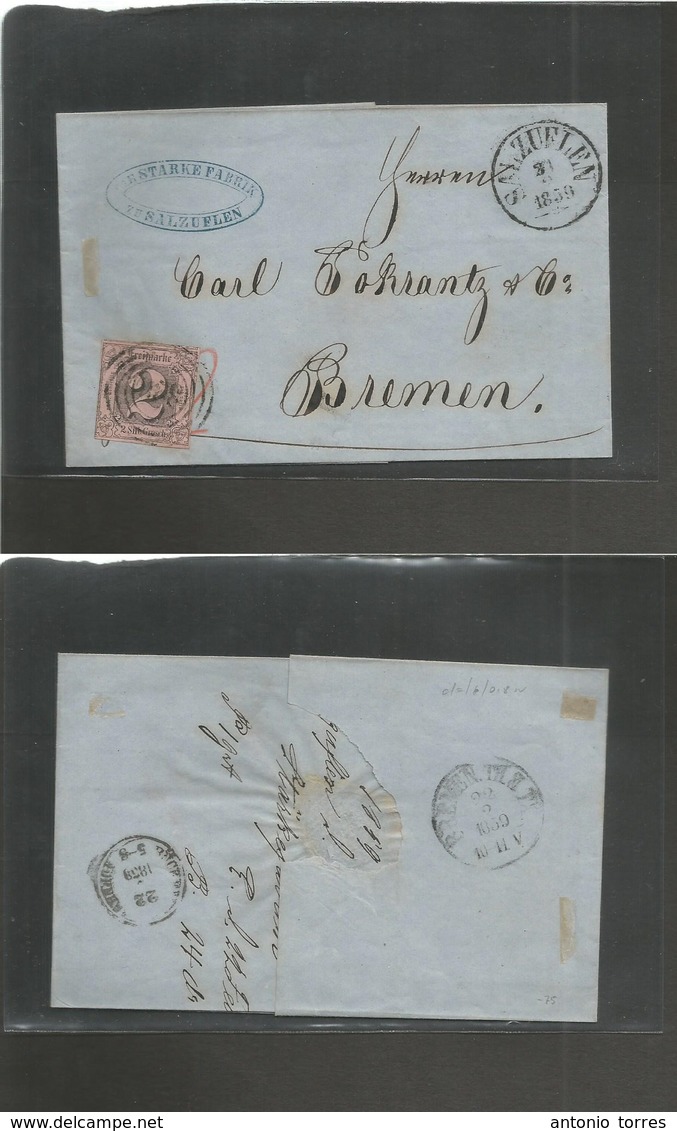 German States-Prusia. 1859 (21 Febr) Salzuflen - Bremen (22 Febr) EL Fkd 2gr Black / Rose Large Margins, Tied "338" Ring - Autres & Non Classés