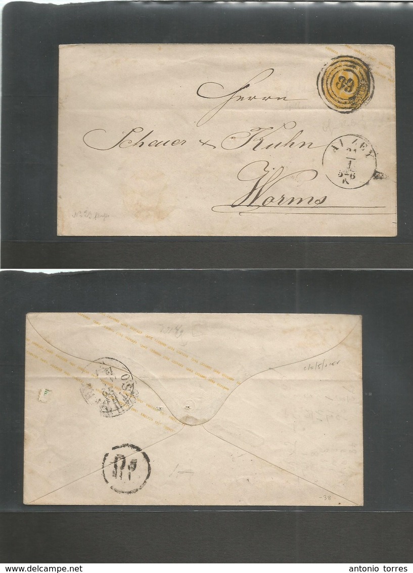 German States-Prusia. C. 1868-9 (21 Jan) Alzey - Worms (22 Jan) 2 Gr Yellow Stationary Envelope "89" Ings Cancel Cds Alo - Autres & Non Classés