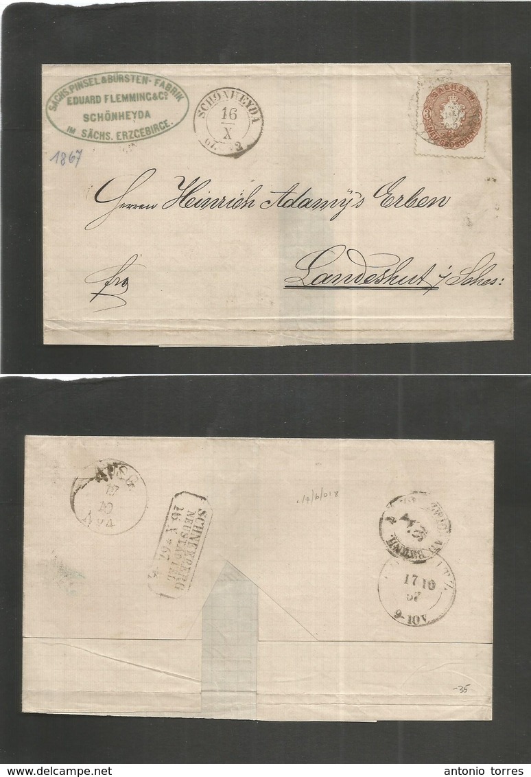 German States - Saxony. 1867 (16 Oct) Schönkeyda - Landeshut. Fkd Entre 3 Ngr Brown Perf. Tied Grill Ring. Fine. - Autres & Non Classés
