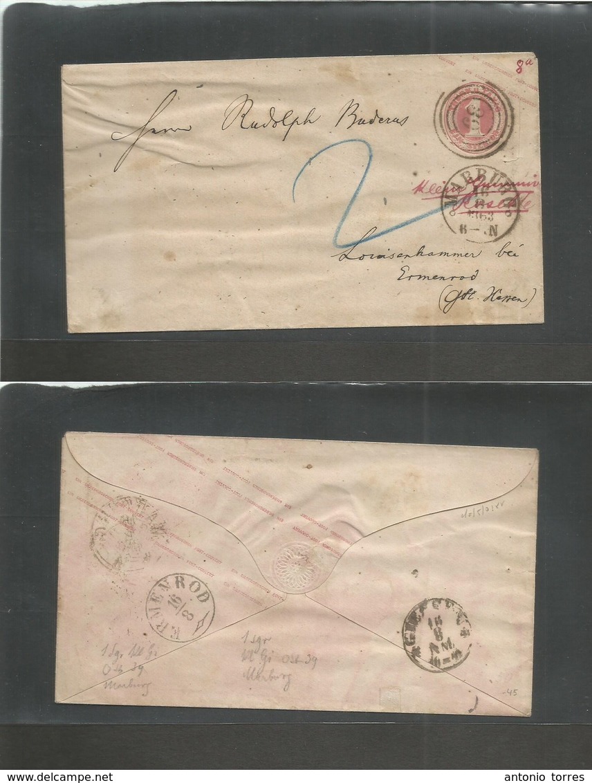 German States-T&t. 1863 (16 Aug) Marburg - Ermenrod (16 Aug) 1gr Rose Stationery Envelope "39" Rings. Reverse Small Rose - Autres & Non Classés
