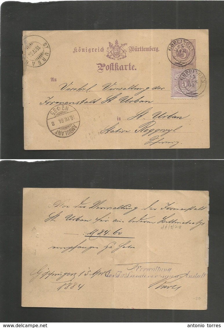 German States-Wurtemberg. 1884 (15 Apr) Goppingen - Switzerland, St. Urban (16 Apr) 5 Pf Lilac Stat Card + 5pf Adtl Cds. - Sonstige & Ohne Zuordnung