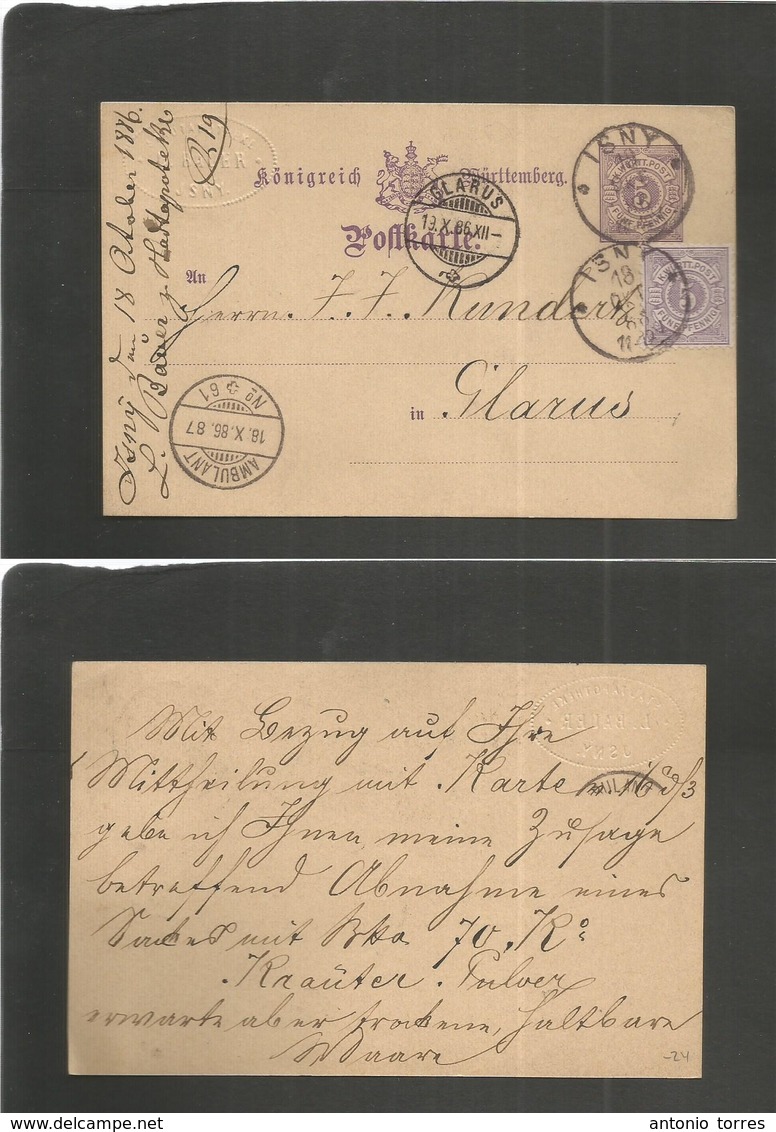 German States-Wurtemberg. 1886 (18 Oct) Isny - Switzerland, Glaus (19 Oct) 5 Pf Violet Stat Card + Adtl. Fine Overseas U - Autres & Non Classés