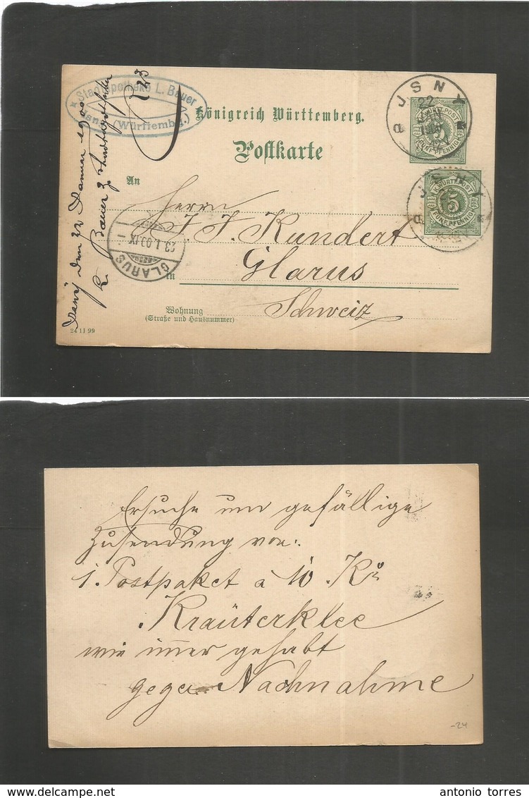 German States-Wurtemberg. 1900 (22 Jan) Isny - Switzzerland, Glaus (23 Jan) 5 Pf Green Stat Card + Adtl. Fine Village Ov - Autres & Non Classés