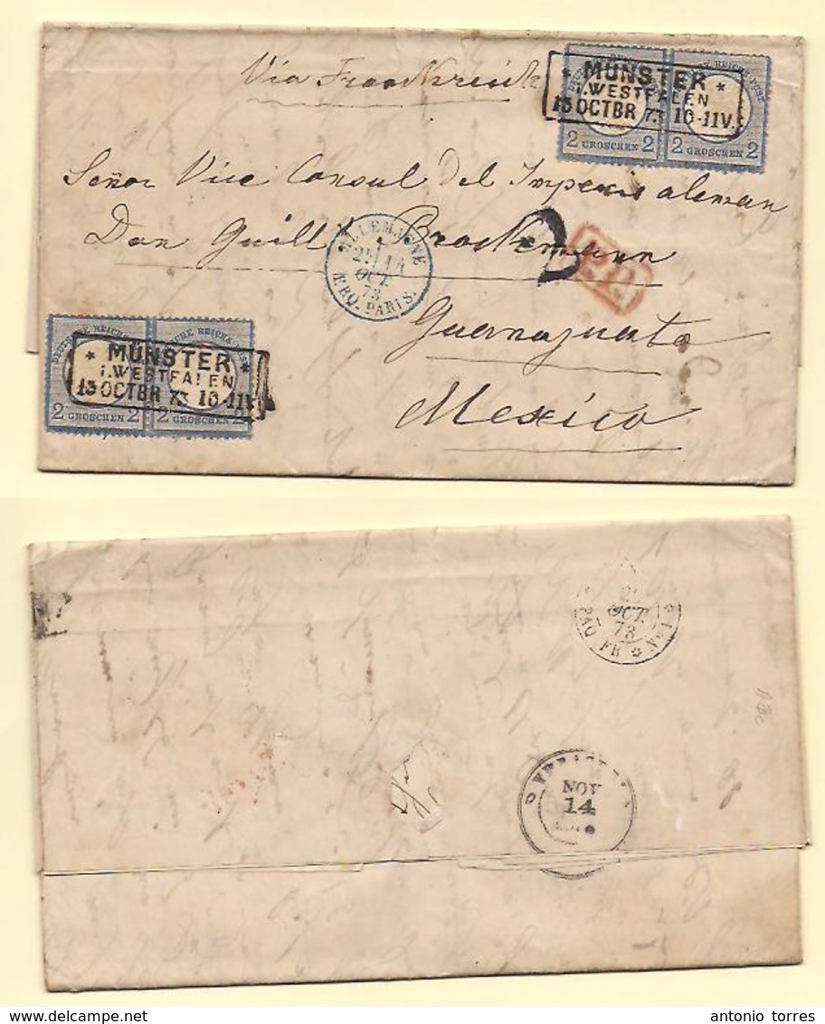Germany. 1873 (13 Oct) Münster - Mexico, Guanajuato (deep Inwards City) EL Full Text Multifkd 2gr Blue (x2 Pairs) Tied B - Sonstige & Ohne Zuordnung