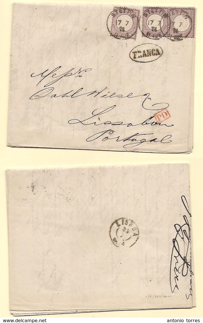 Germany. 1874 (17 July) Stettin - Portugal, Lisbon (25 July) EL With Contains Unsealed Pm Rate Fkd 1/4 Gr Lilac (x3) Tie - Altri & Non Classificati