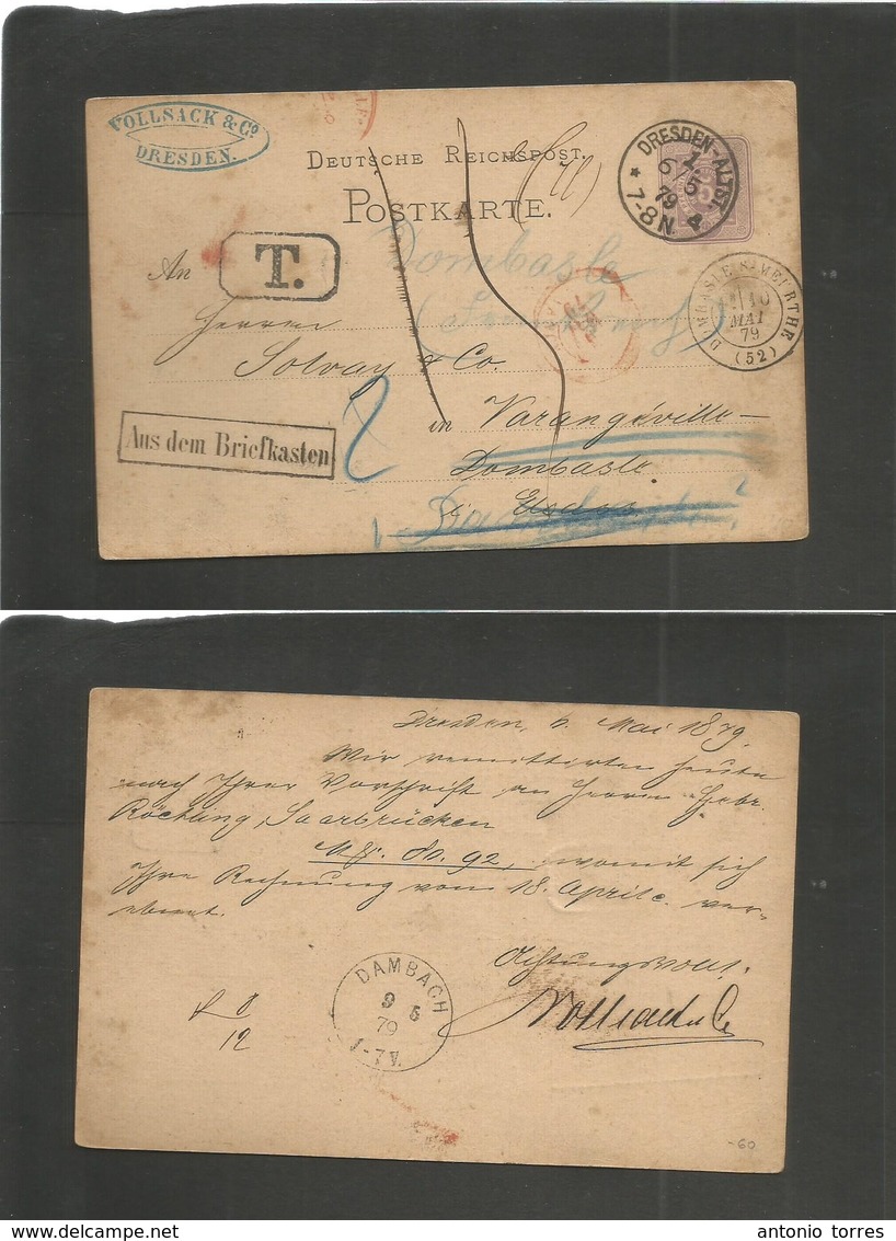 Germany - Stationery. 1879 (6 May) Dresden - Dombasle / France (10 May) Fwded Without New Frkg. "Aus Dem Briefkasten" 5  - Autres & Non Classés