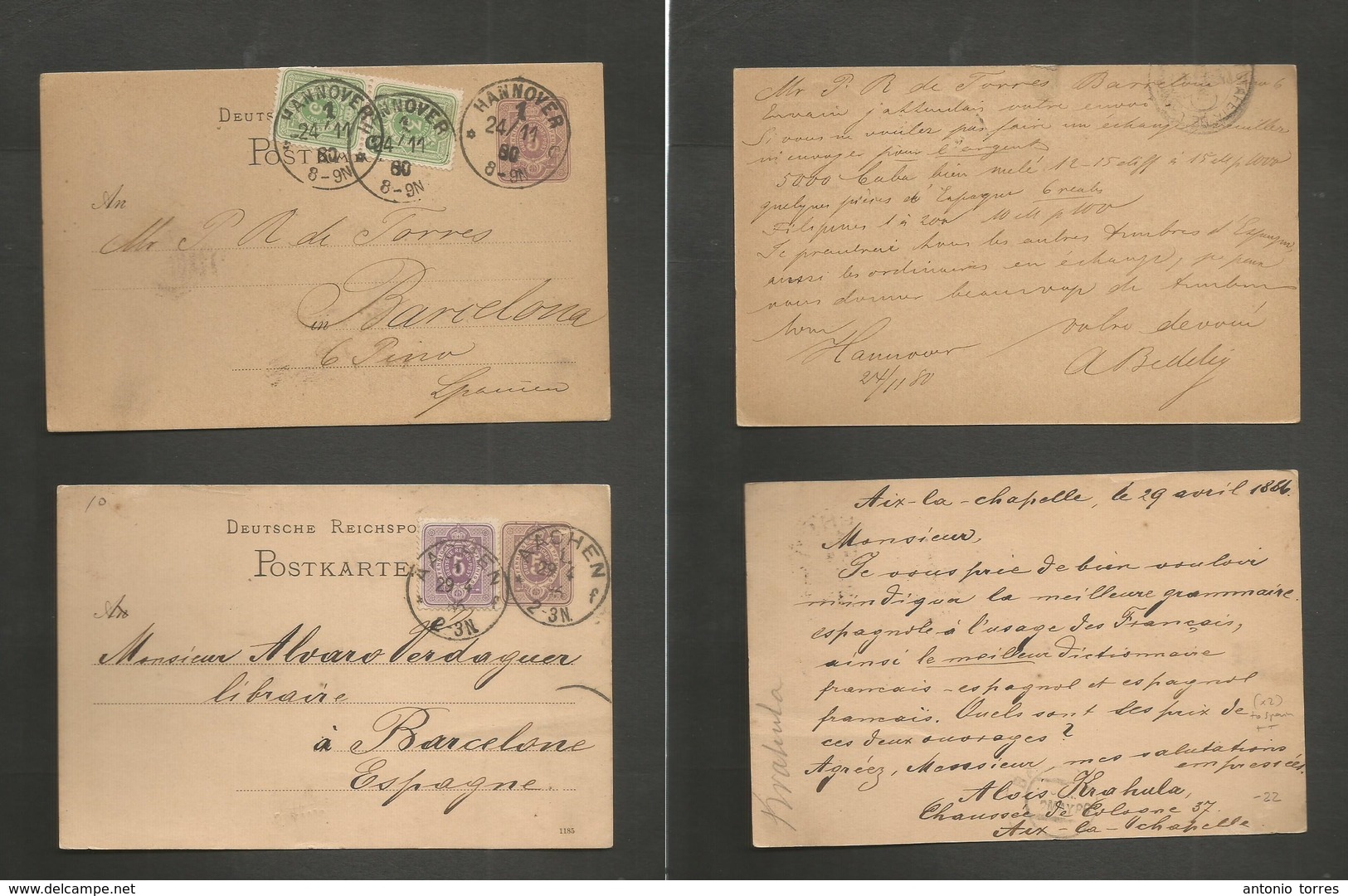 Germany - Stationery. 1880-86. Hannover, Munchen. Two 5 Pf Lilac Stat Cards Usages + Adtl To Spain, Barcelona. - Autres & Non Classés