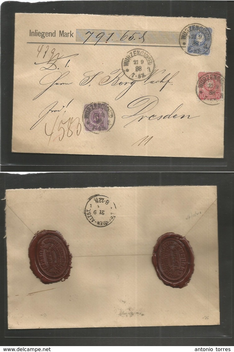 Germany. 1888 (21 Sept) Wurzen, Sachsen - Dresden (21 Sept) Registered Insured Multifkd Envelope. VF Condition. Tricolor - Autres & Non Classés