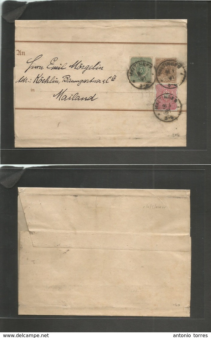 Germany. 1891 (31 Jan) Waitingen - Italy, Milano / Mailand. 3 Pf Brown Stat Wraper, 2 Adtls (imperf) Tied Cds Fine Unusu - Autres & Non Classés