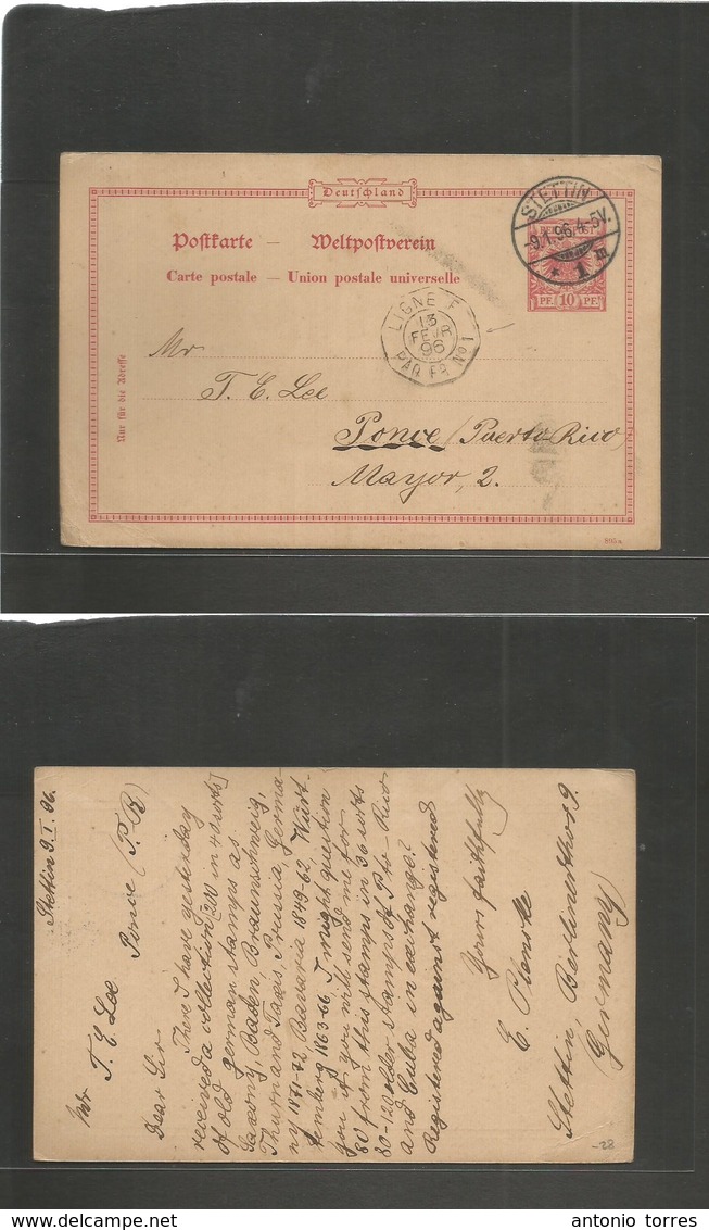 Germany - Stationery. 1896 (9 Jan) Stettin - Ponce, Spanish Puerto Rico. 10 Pf Eagle Stat Card, French Octogonal Paquebo - Autres & Non Classés