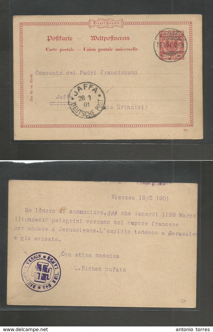 Germany - Stationery. 1901 (19 March) Viersen - Jaffa, German Middle East P.O (28 March) 10 Pf Red Eagle Stat Card. VF + - Sonstige & Ohne Zuordnung