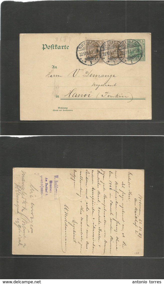 Germany - Stationery. 1907 (22 Dec) Bremen - Hanoi, Tonkin, Asia. 5 Pf Green Germania Stat Card + 2 Adtls. Rare Dest. - Autres & Non Classés