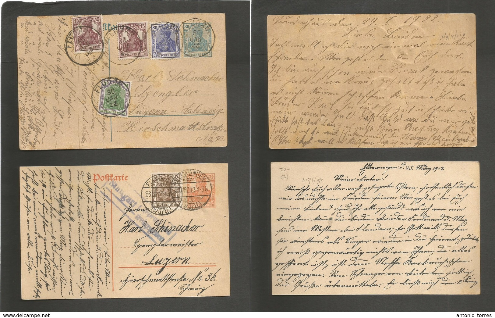 Germany - Xx. 1918-22. Pair Of Germany Issue Diff Stat Cards + Adtls. Lovely Pair. Fluorn + Ellwangen. - Autres & Non Classés