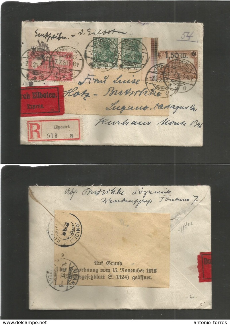 Germany - Xx. 1920 (7 July) Copenick - Switzerland, Lugano, TICINO (10 July) Registered Express Postal Service Multifkd  - Autres & Non Classés