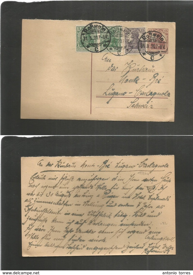 Germany - Xx. 1920 (31 Aug) Germania, Rosswein - Switzerland, Lugano, Castagnola, Monte Boe. 15 Pf Violet Stat Card + 3  - Autres & Non Classés