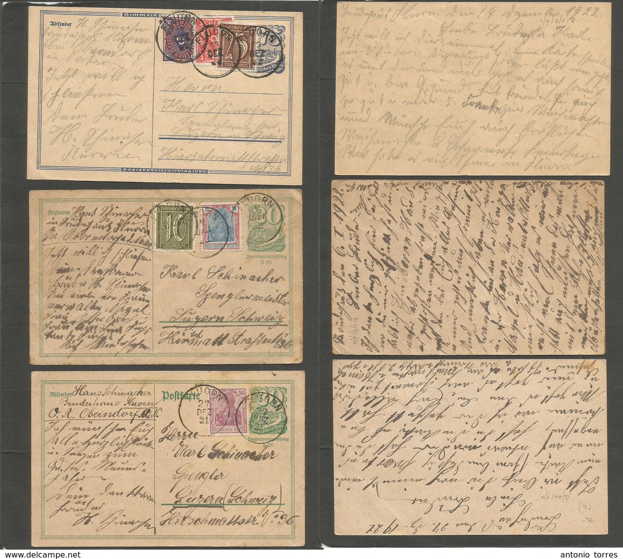 Germany 1921-4. 1921-22. Fluorn. 3 Usages To Switzerland, Luzern. Multifkd Stat Cards. Germany + Other Issue. VF Trip. - Autres & Non Classés