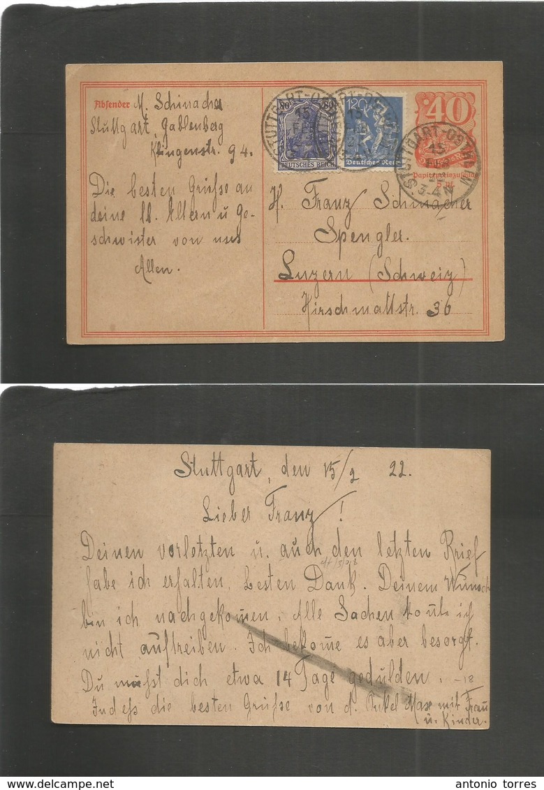 Germany 1921-4. 1922 (15 Febr) Stuttgart - Switzerland, Spengler. 40 Pf + 5 Pf Stat Card + 2 Adtls Incl Germania. VF. - Autres & Non Classés