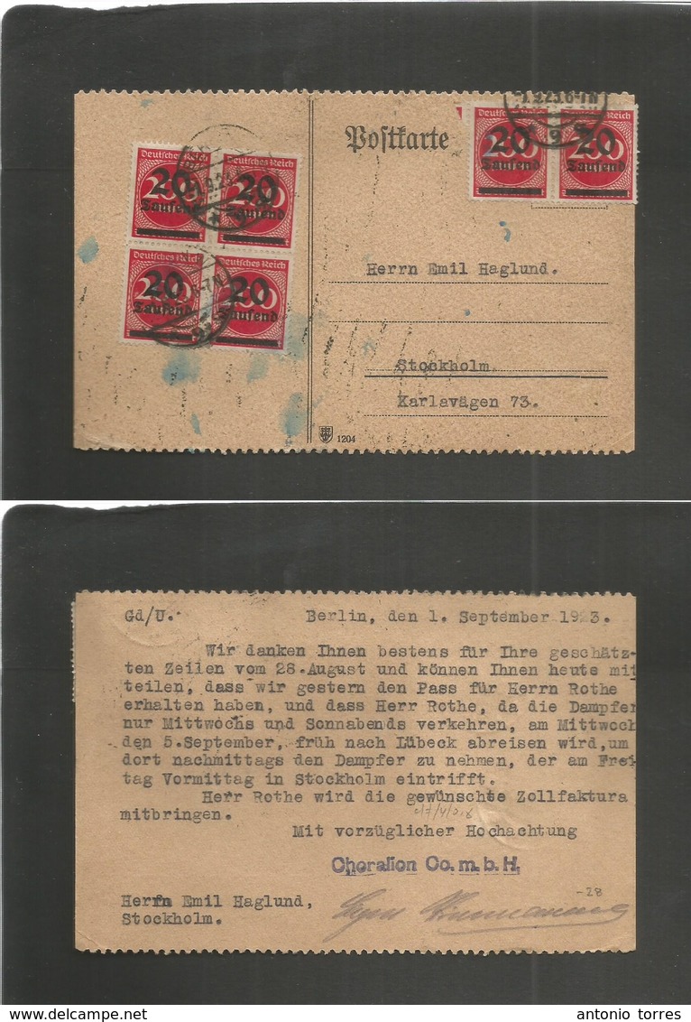 Germany 1921-4. 1923 (1 Sept) Berlin - Sweden, Stockholm. Private Multifkd Card. Fine Including Block Of Four. - Andere & Zonder Classificatie