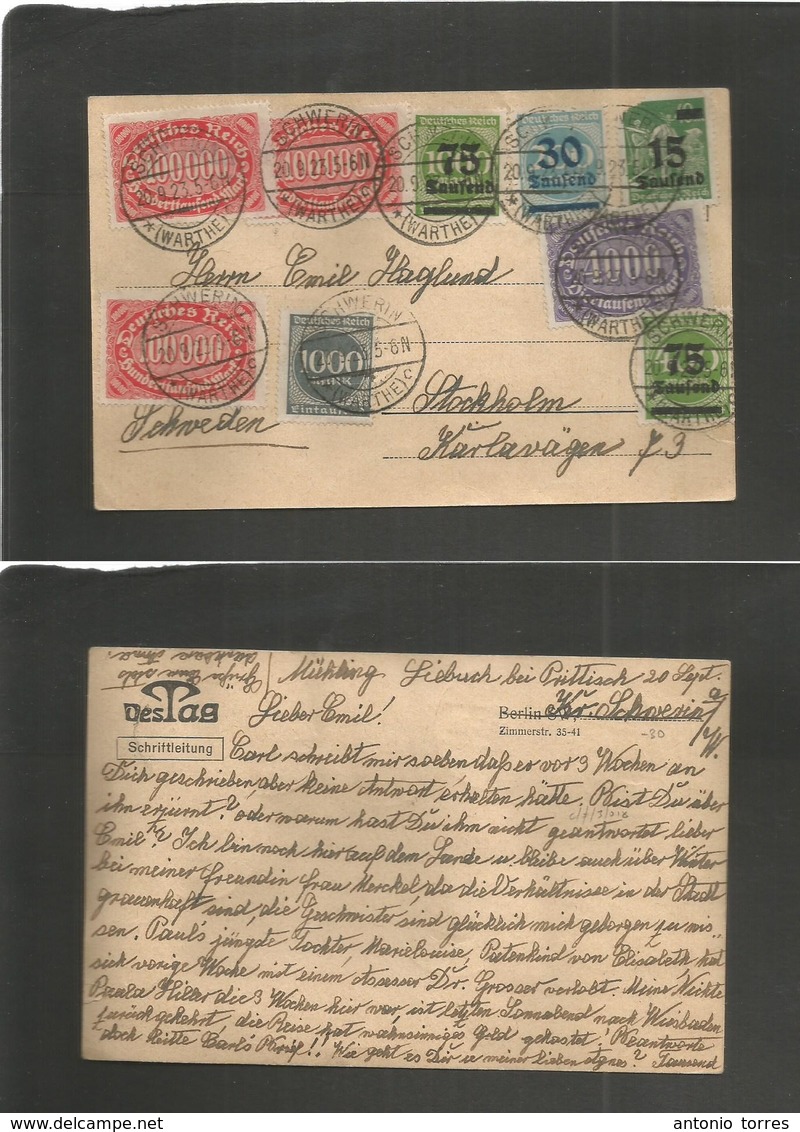 Germany 1921-4. 1923 (20 Sept) Schwerin - Sweden, Stockholm. Multifkd Private Card + Mixed Issues / Ovptd. VF. - Autres & Non Classés