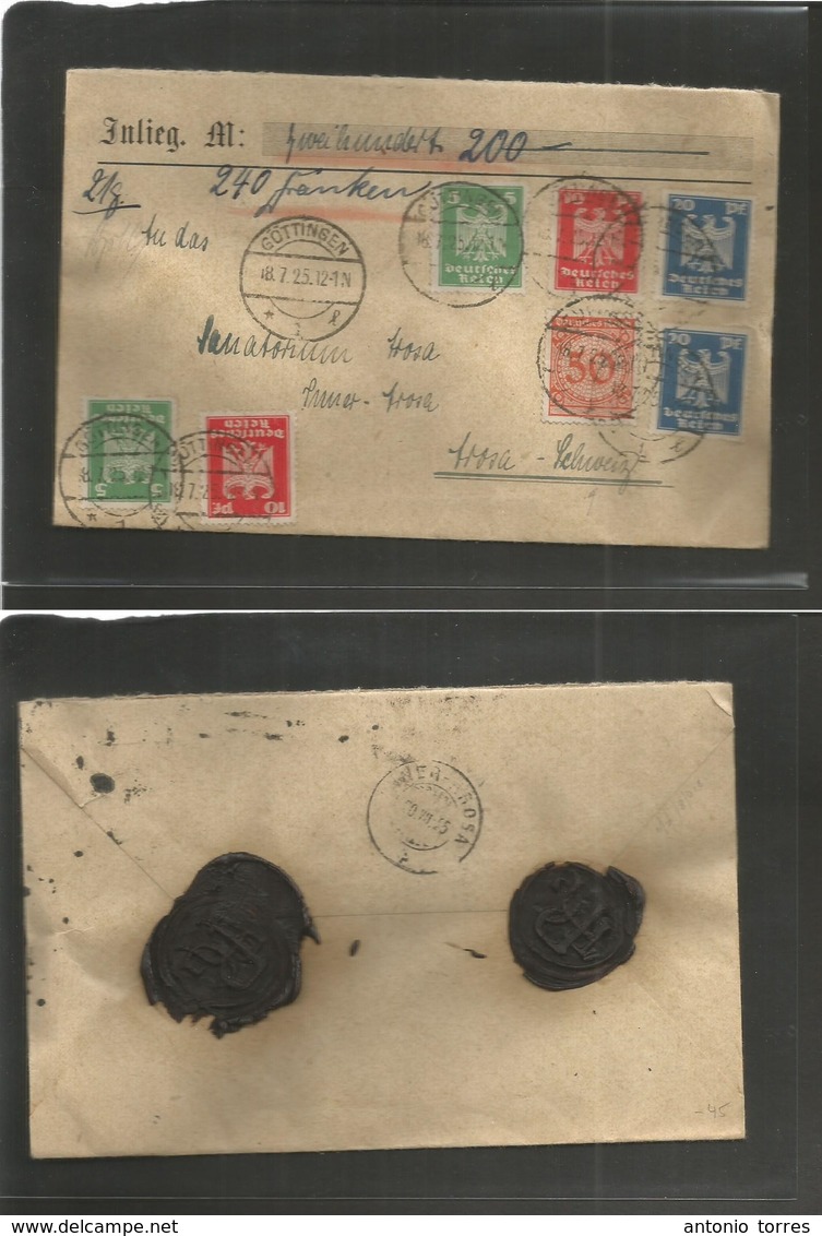 Germany - Xx. 1925 (18 July) Gottingen - Switzerland, Arosa (20 July) Registered Insured Multifkd Mixed Issues Envelope  - Autres & Non Classés