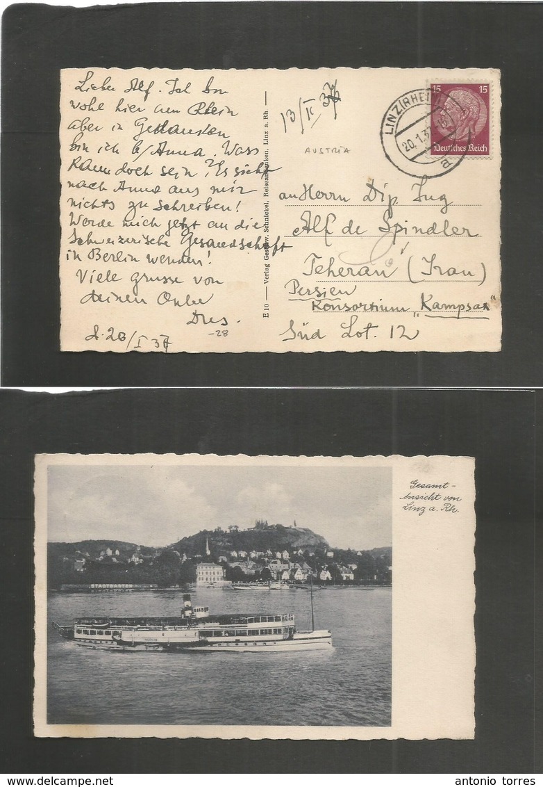 Germany. 1937 (20 Jan) Linz (Rhein) - Persia, Teheran "Konsortium Kanpsa" Fkd Ppc. Better Destination. - Autres & Non Classés