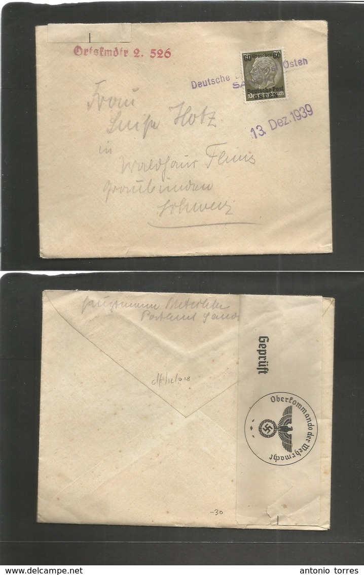 Germany - Xx. 1939 (13 Dec) Osten Post. Sanok - Switzerland, Yrönlinden. Ovptd Issue + Viiolet Cachet Stempel + Nazi Cen - Autres & Non Classés