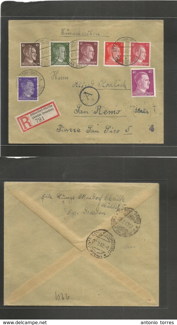 Germany - Xx. 1942 (17 Febr) Ottendorf Okrilla - San Remo, Italy (20-21 Febr) Registered Multifkd Envelope. Fine Multifk - Autres & Non Classés